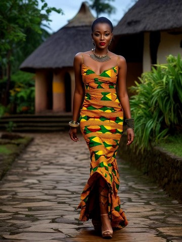 Robe soirée africaine en tissu pagne wax Cameroun