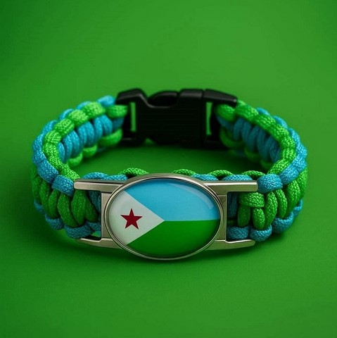 Bracelet Corde Plaque Acier drapeau Djibouti