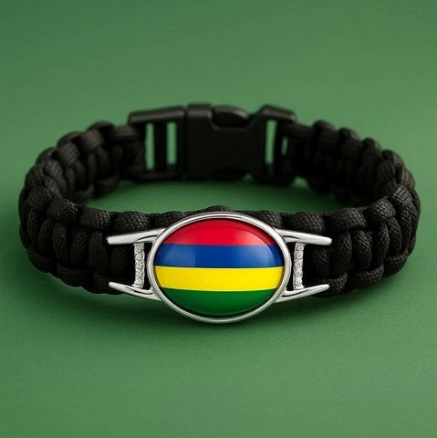 Bracelet Corde Plaque Acier drapeau île Maurice,