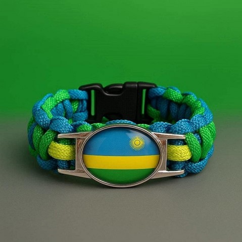 Bracelet Corde Plaque Acier drapeau Rwanda,