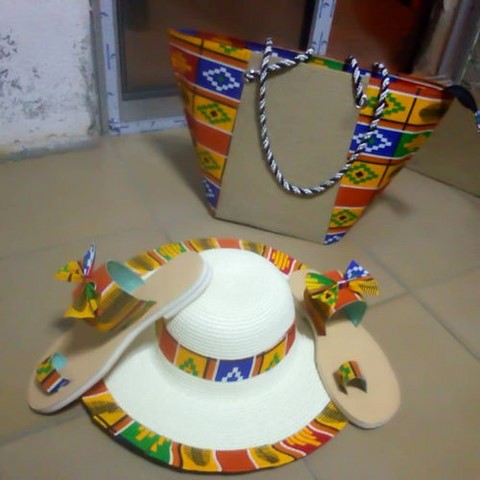 Ensemble Sandales + Chapeau + Sac Bob en tissu pagne Ndop Cameroun Wax Africain, Toghu, Djankawax,