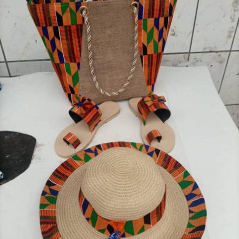 Ensemble Sandales + Chapeau + Sac Bob en tissu pagne Ndop Cameroun Wax Africain, Toghu, Djankawax,