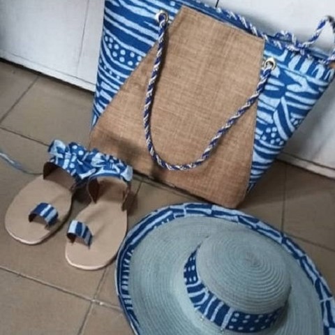Ensemble Sandales + Chapeau + Sac Bob en tissu pagne Ndop Cameroun Wax Africain, Toghu, Djankawax,