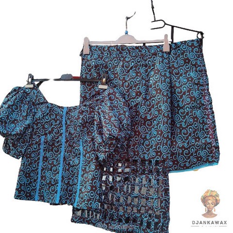 Ensemble jupe, haut et foulard en tissu pagne wax Africain, Cameroun, Djankawax.