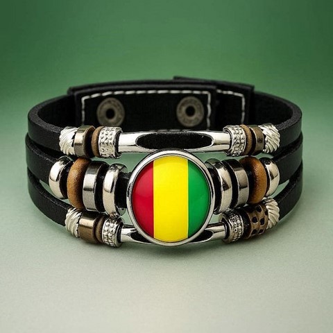 Bracelet acier et cuir, drapeau Guinée GN, Syli National, Supporter Guineen,Football Africain. africa. can, Afrique, football, djankawax, Africa Football, Diaspora Africaine, drapeau,