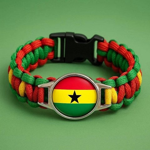 Bracelet Corde Plaque Acier drapeau Ghana