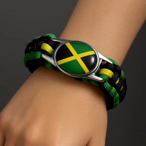Bracelet Corde Plaque Acier drapeau Jamaïque